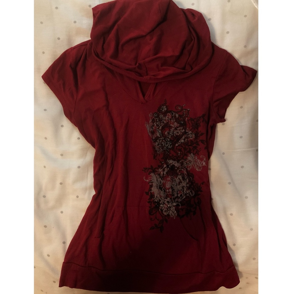 Fitted Hooded T-shirt Short Sleeve Womens Juniors Girls Grunge Y2K 2000s Emo